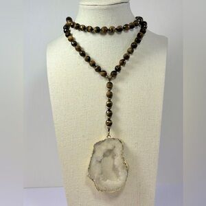 Vintage Hand-knotted Faceted Tiger’s Eye Gemstone Beaded Necklace Druzy Pendant